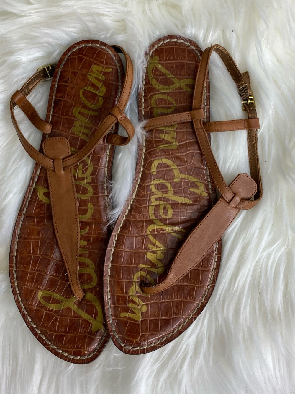 Sam Edelman Cognac Brown Leather T-Strap Sandals